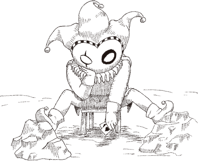 A jester in a belled cap slumped on a stool, chin in hand, ringed by boulders.